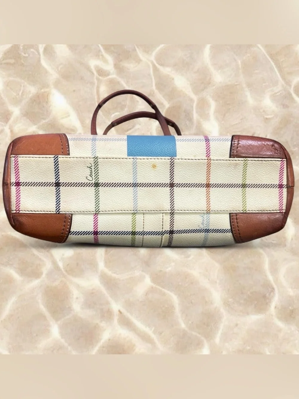 Y2K Coach Heritage Tattersall Cream Plaid Tote Blue Center Stripe Coach 12561